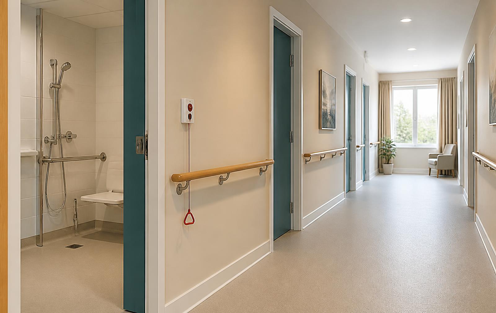 Accessible senior care corridor with handrails, wide doorways and bright lighting