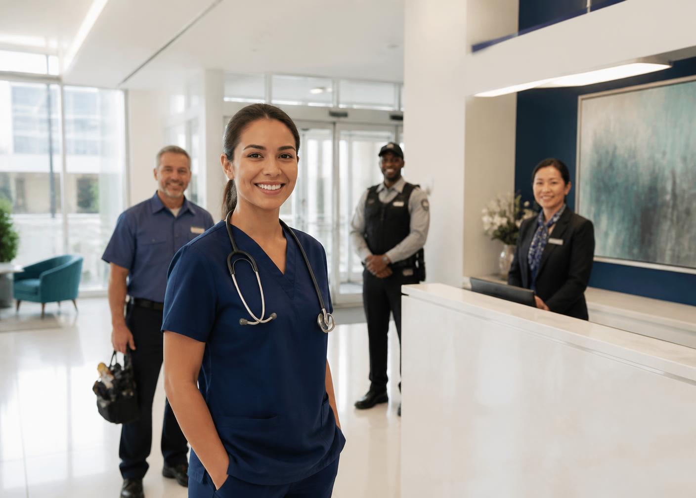 A nurse, maintenance technician, concierge and security guard on shift in a bright senior living residence lobby