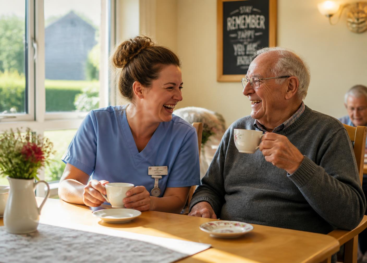 A nurse sharing a cup of tea and a laugh with an elderly resident